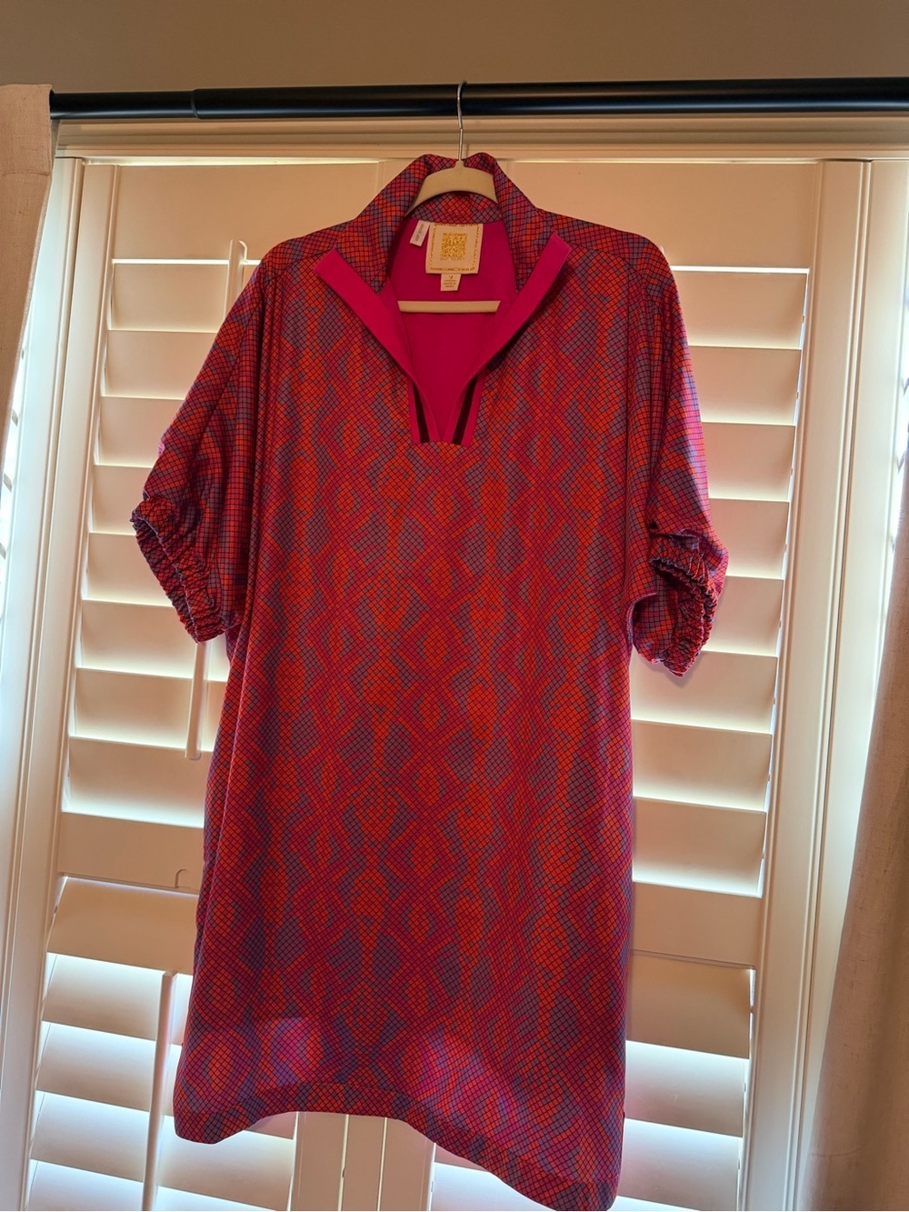 Pink Patterned Mini Dress with Notch V-Neck